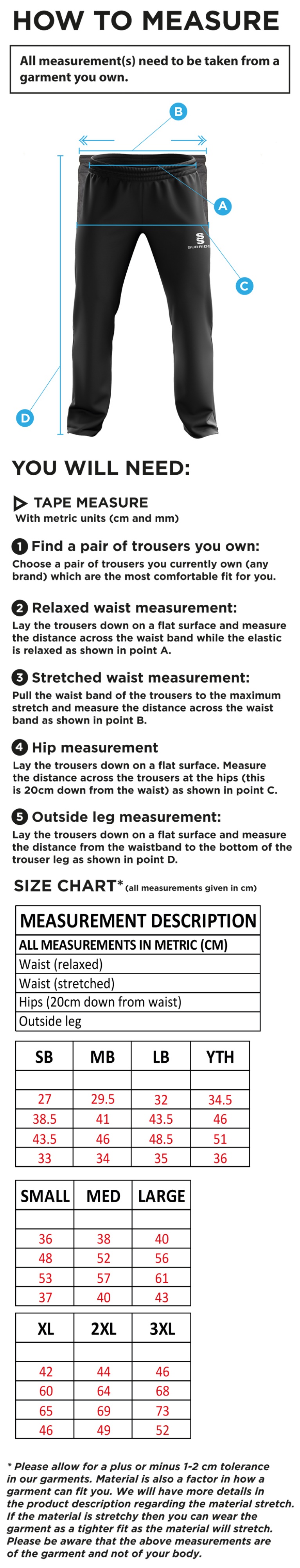 Elford CC - Ripstop Track Pant - Size Guide