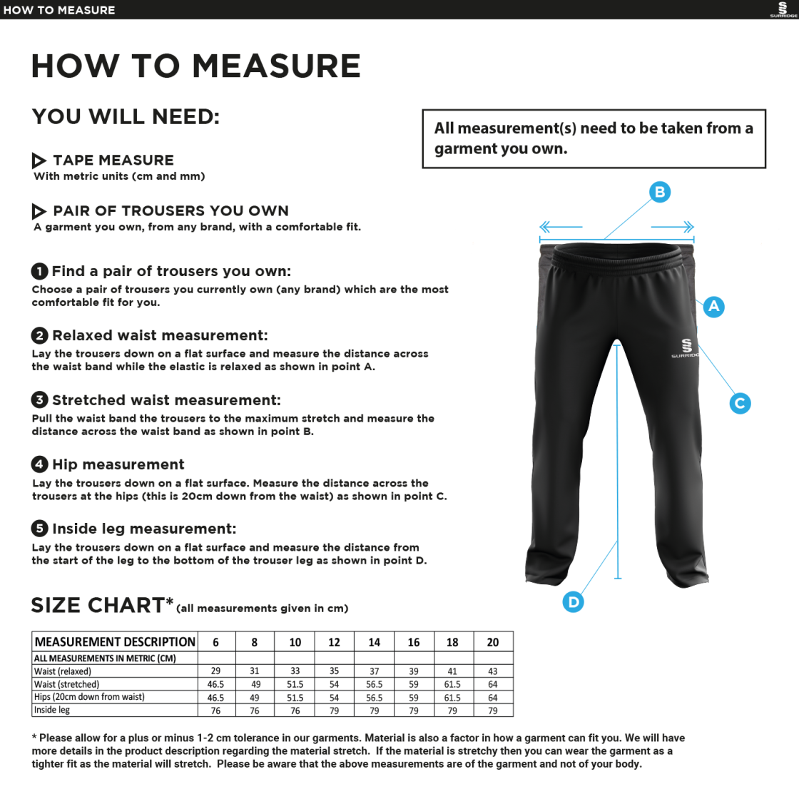 Elford CC - Women's Poplin Track Pant - Size Guide
