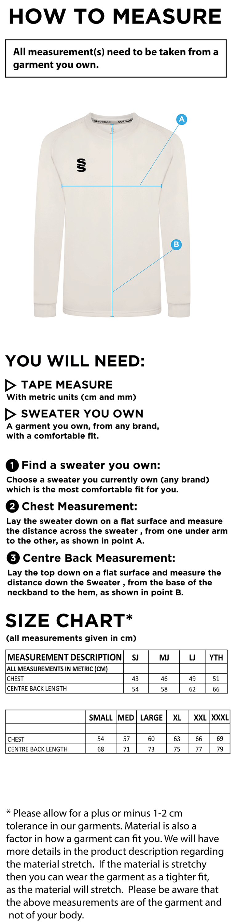 ELFORD CC - Blast Long Sleeve Cricket Sweater - Size Guide