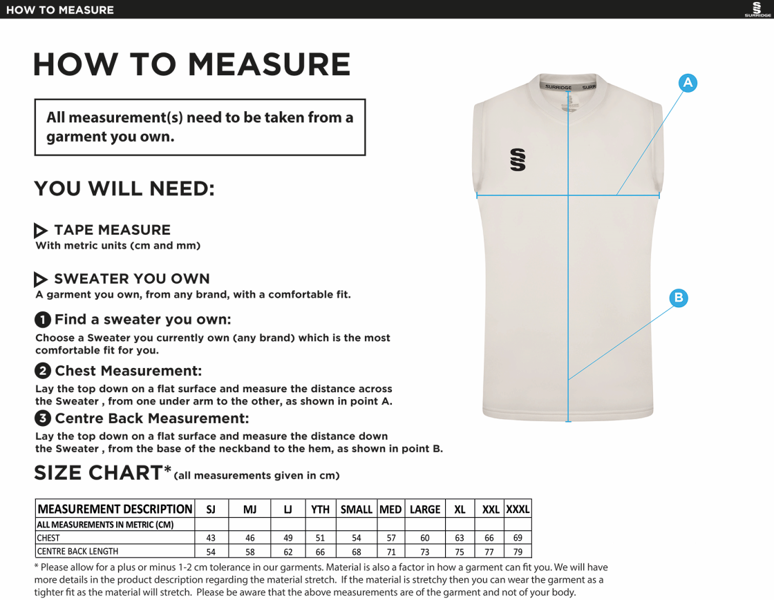 Elford CC - Blast Sleeveless Cricket Sweater - Size Guide