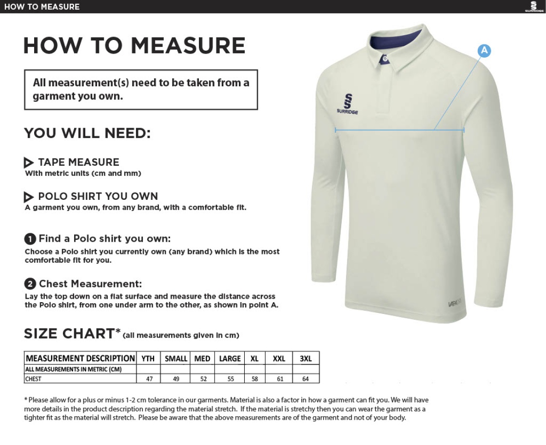 Elford CC - Ergo Long Sleeve Navy Trim Shirt - Size Guide
