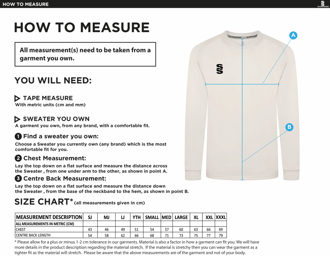 ELFORD CC - Blast Long Sleeve Cricket Sweater - Size Guide