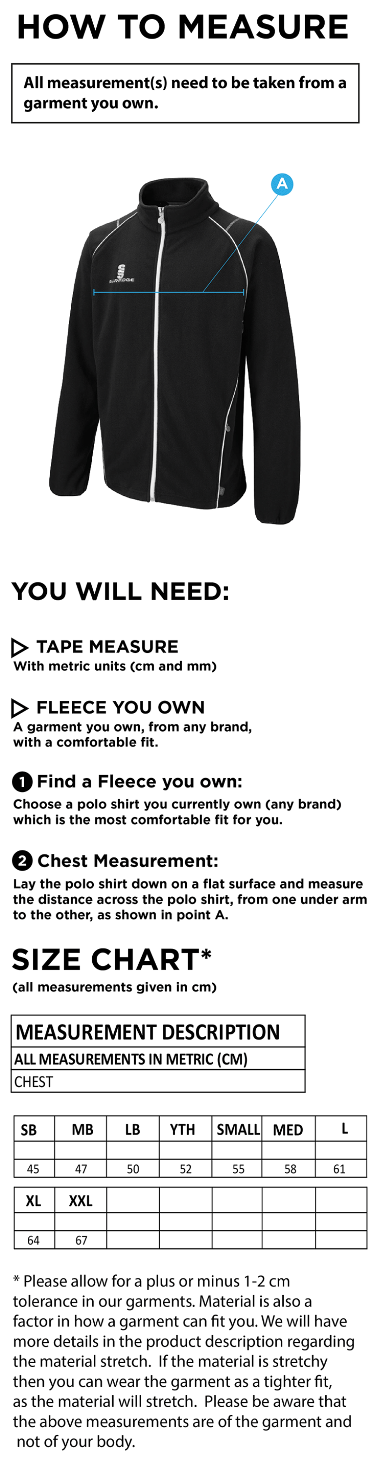 Elford CC - Full Zip Fleece jacket - Size Guide