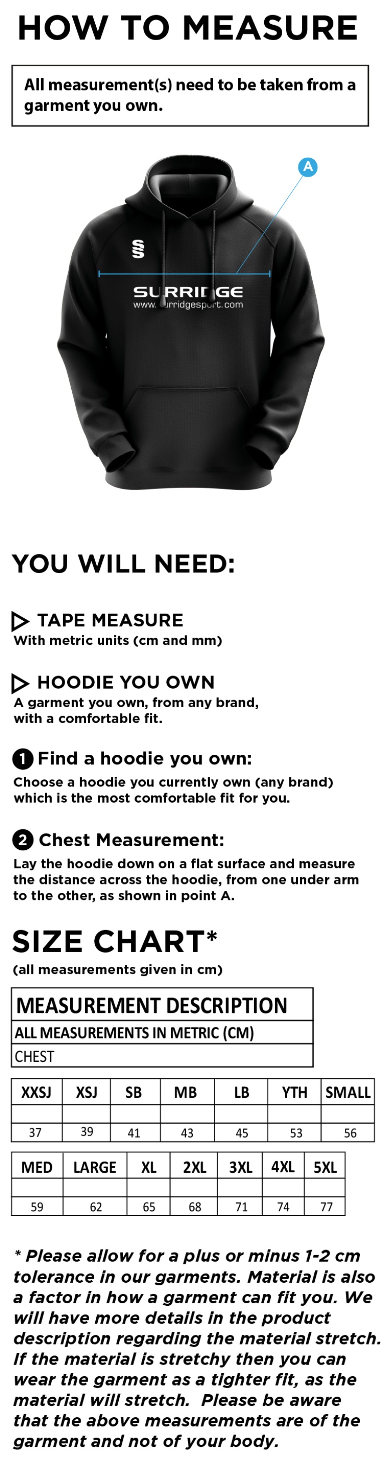 Elford CC - Blade Hoody - Size Guide