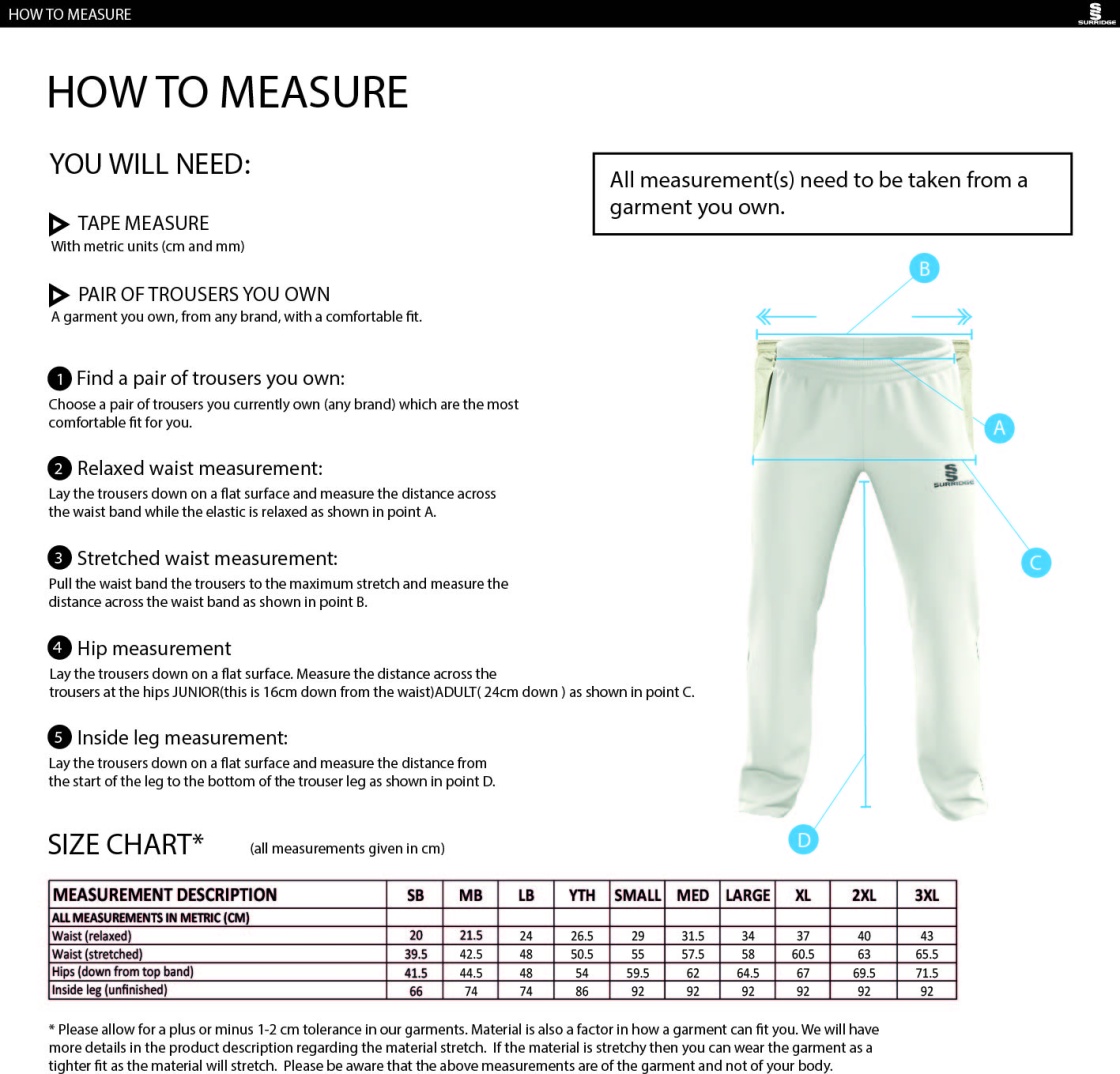 Elford CC - Standard Playing Pant - Size Guide
