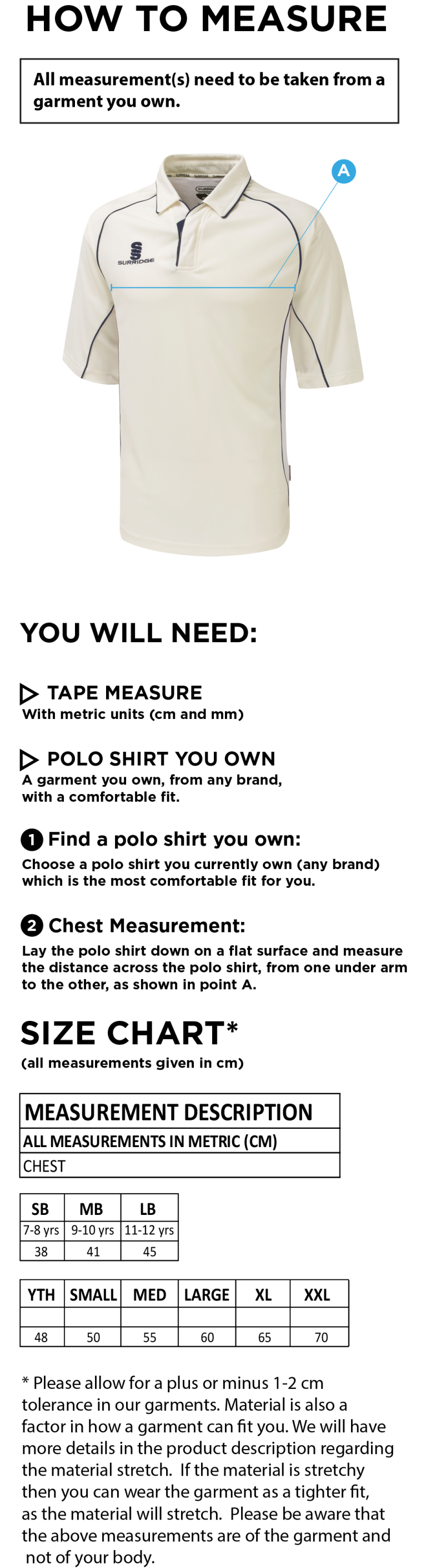 Elford CC - Premier 3/4 Sleeve Navy Trim Shirt - Size Guide