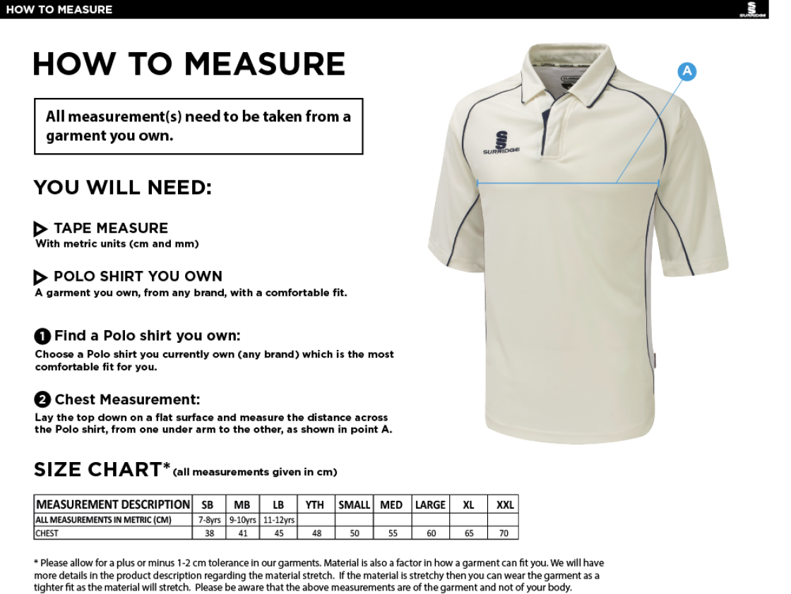 Elford CC - Premier 3/4 Sleeve Navy Trim Shirt - Size Guide