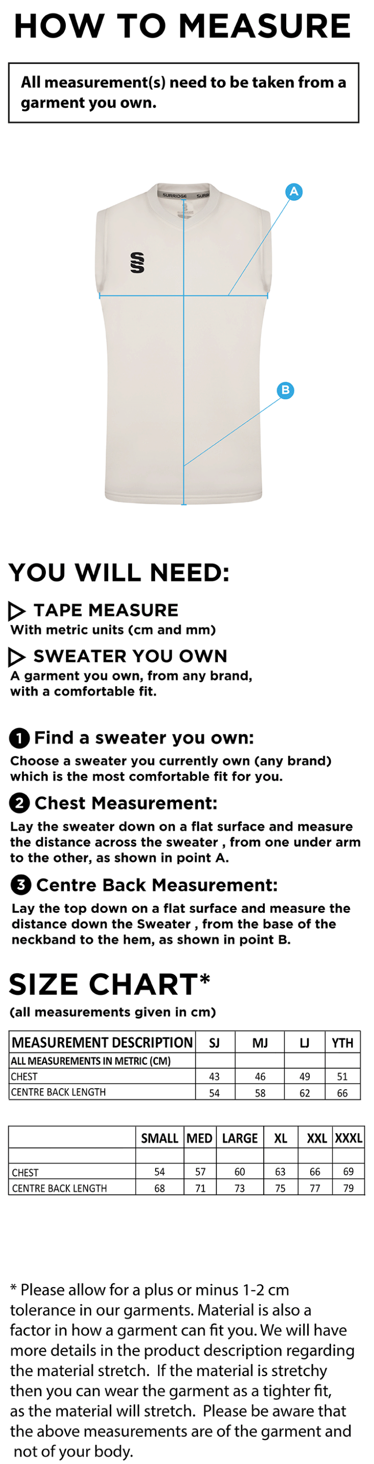 Elford CC - Blast Sleeveless Cricket Sweater - Size Guide