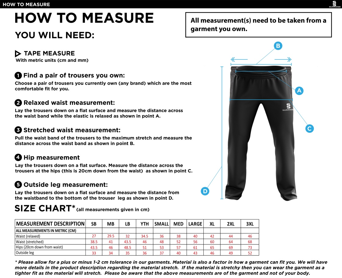Elford CC - Ripstop Track Pant - Size Guide