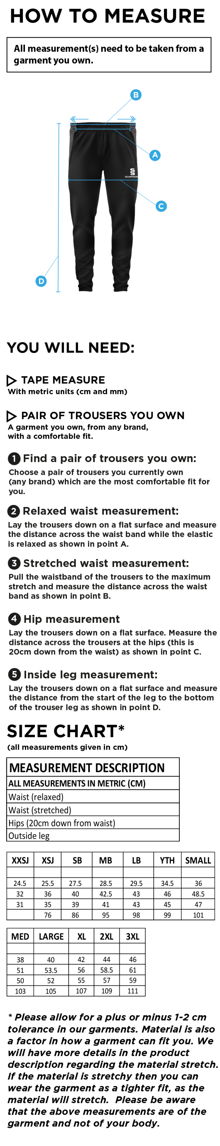 Elford CC - Tek Slim Pant - Size Guide