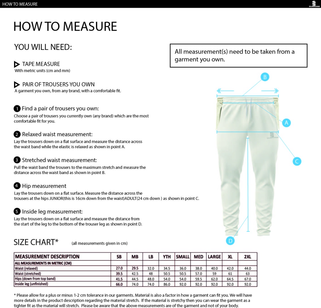 Elford CC - Tek Playing Pant - Size Guide
