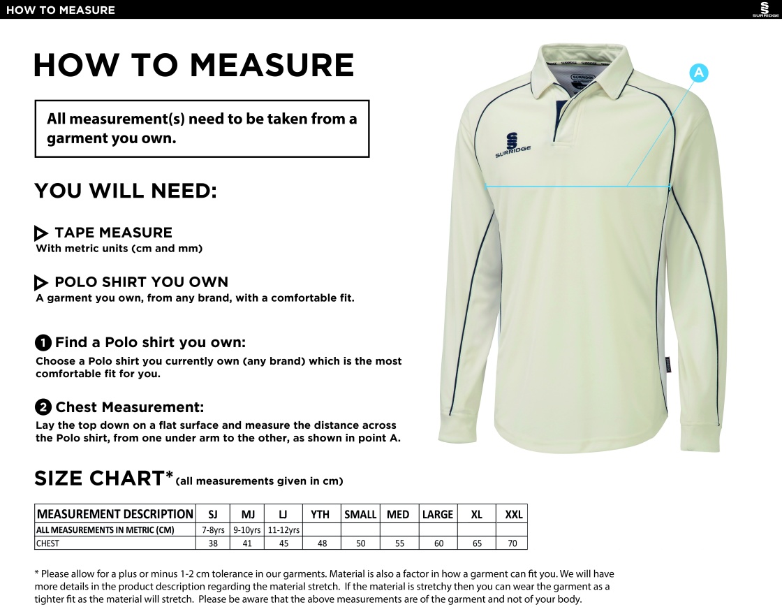 Elford CC - Premier Long Sleeve Navy Trim Shirt - Size Guide