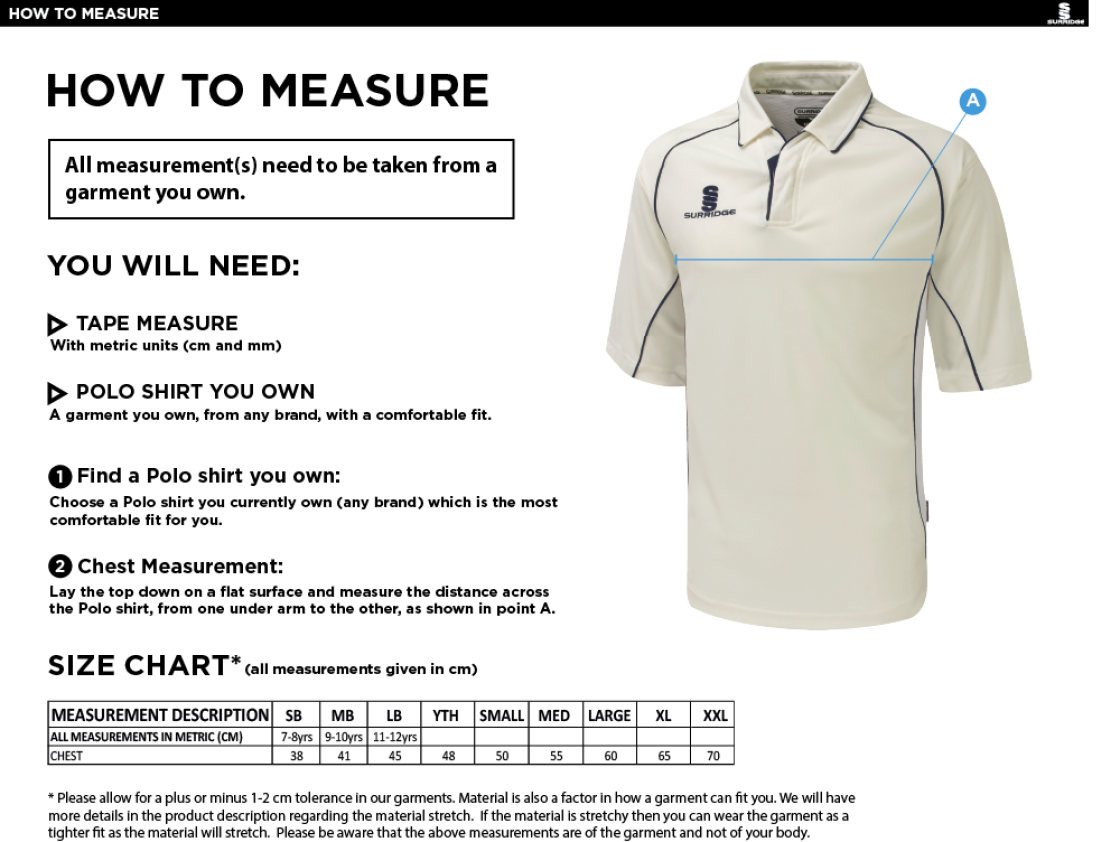 Elford CC - Premier 3/4 Sleeve Navy Trim Shirt - Size Guide