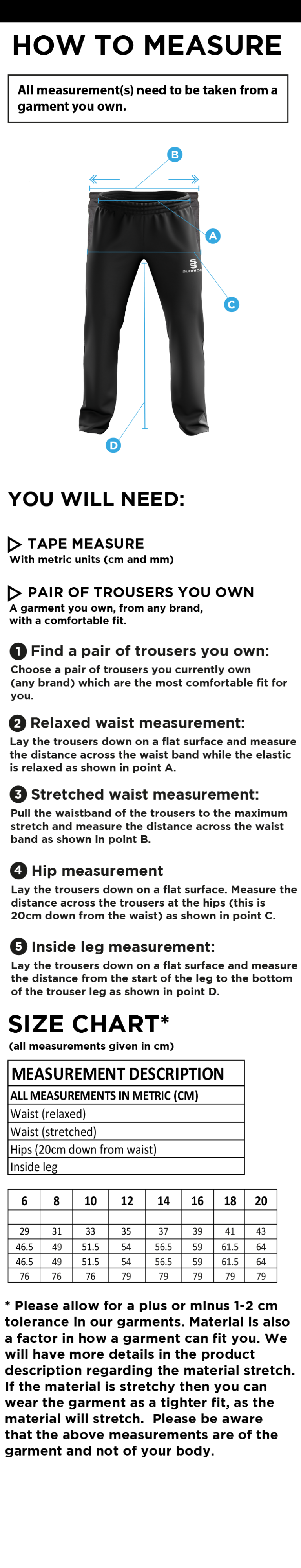 Elford CC - Women's Poplin Track Pant - Size Guide