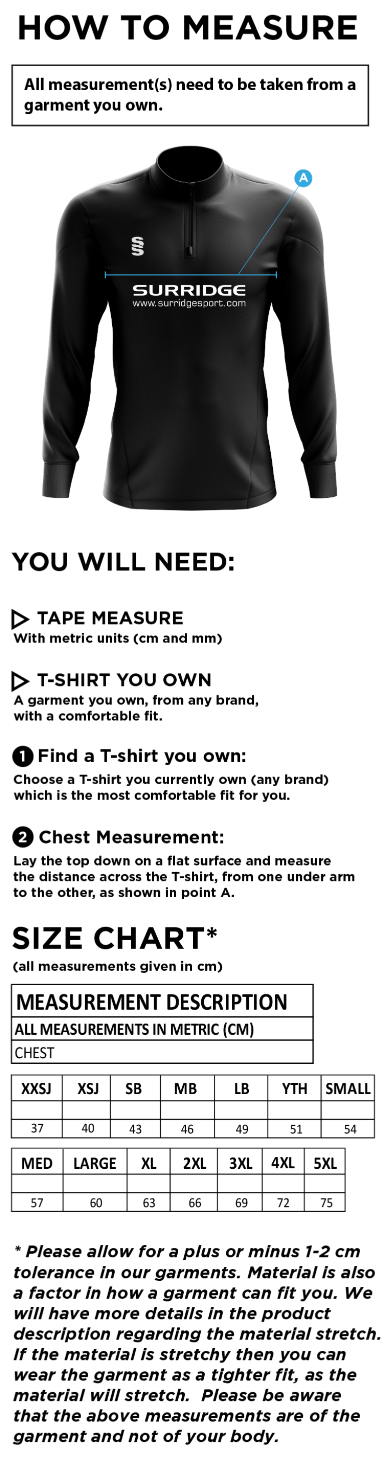 Elford CC - Blade Performance Top - Size Guide