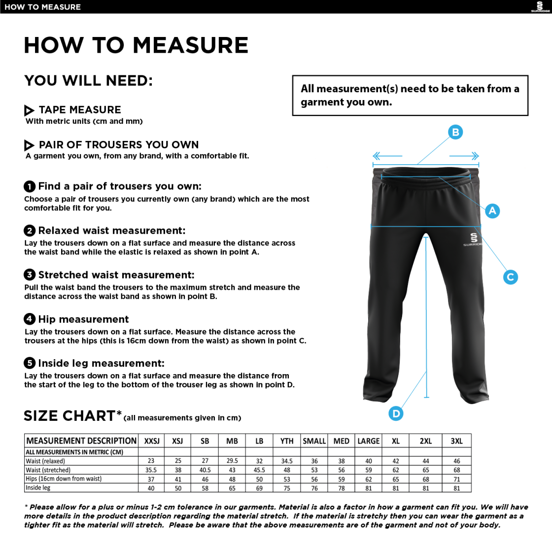 Elford CC - Poplin Track Pant - Size Guide