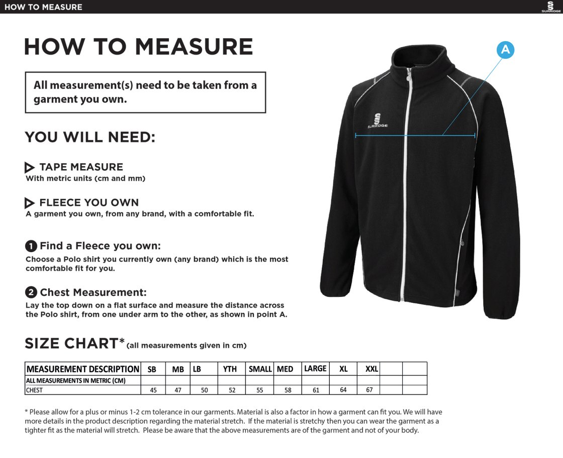Elford CC - Full Zip Fleece jacket - Size Guide