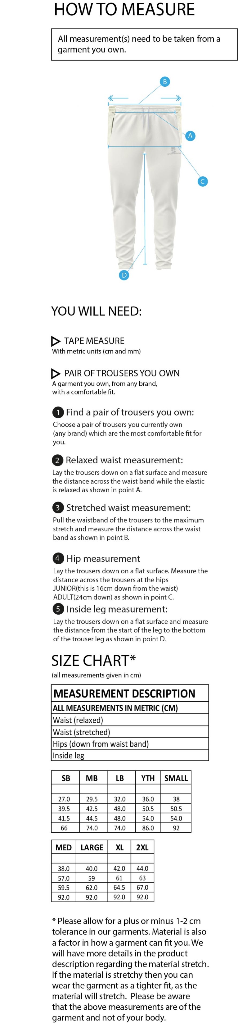 Elford CC - Tek Playing Pant - Size Guide