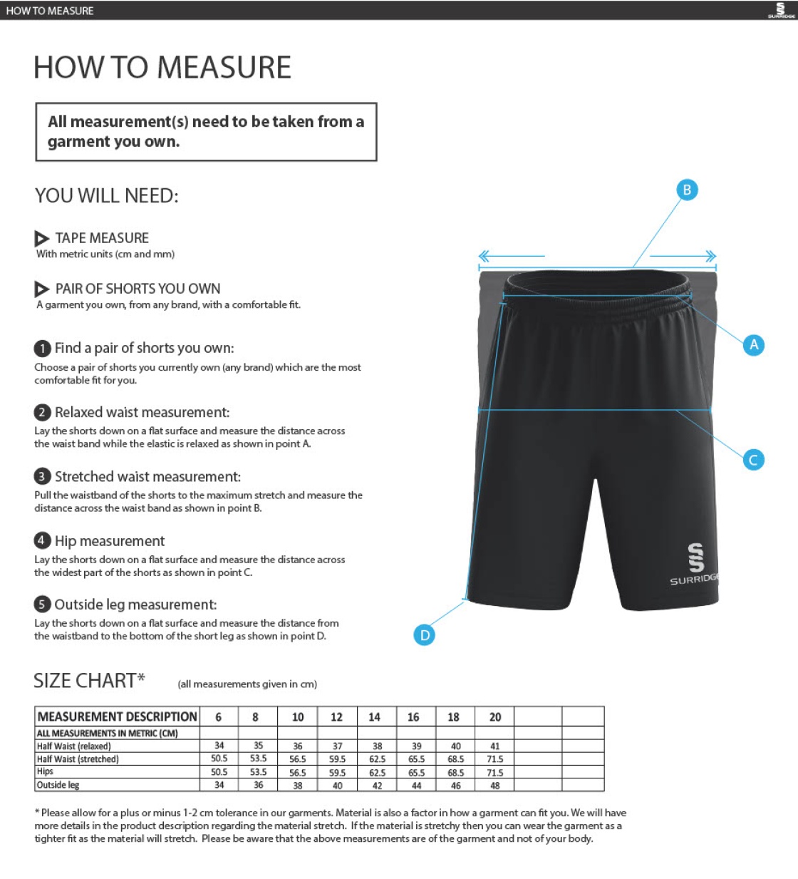 Elford CC - Women's Ripstop Short - Size Guide