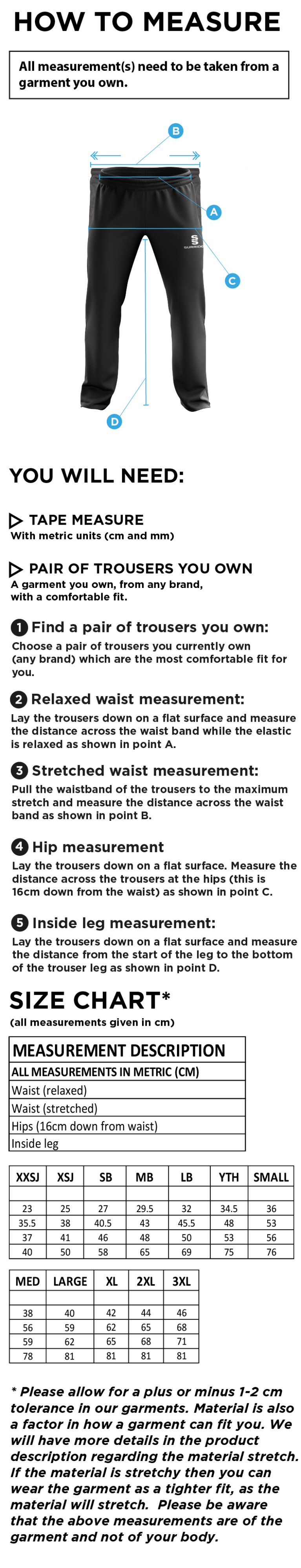 Elford CC - Poplin Track Pant - Size Guide