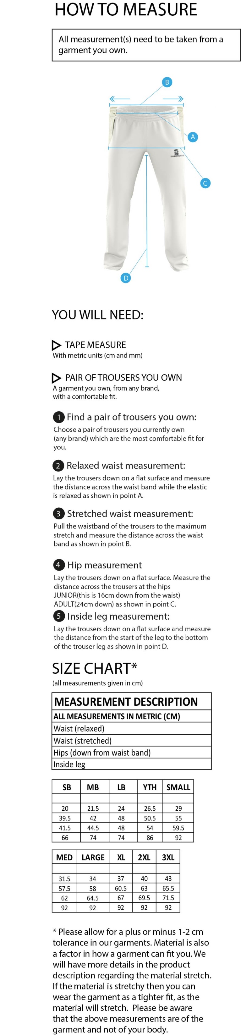 Elford CC - Standard Playing Pant - Size Guide